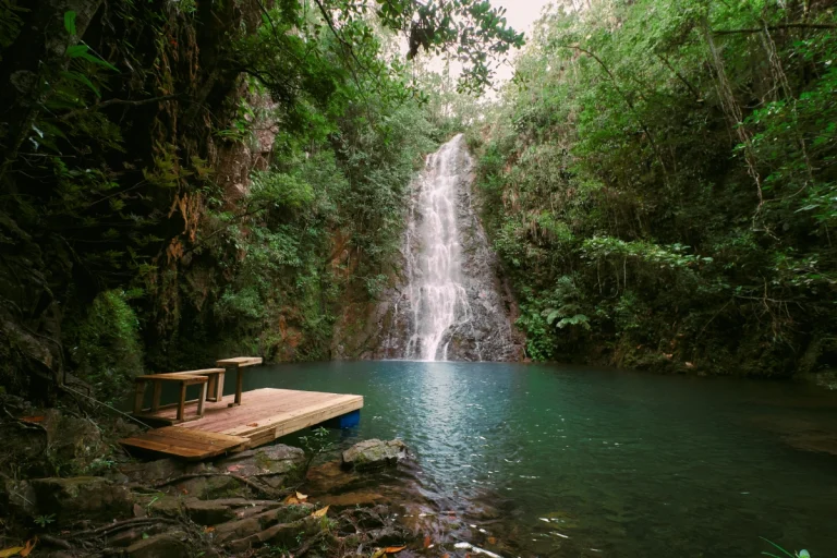 remote waterfall with dining table